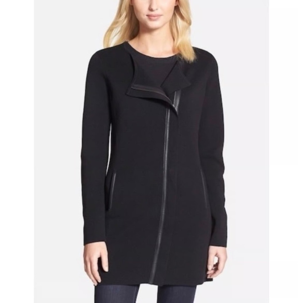 Eileen Fisher Silk Cotton Knit Leather Trim Long Cardigan Jacket